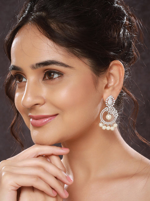 Silver Toned AD & Faux Pearl Studded Designer Chandelier Chandbali Dropdown Earrings