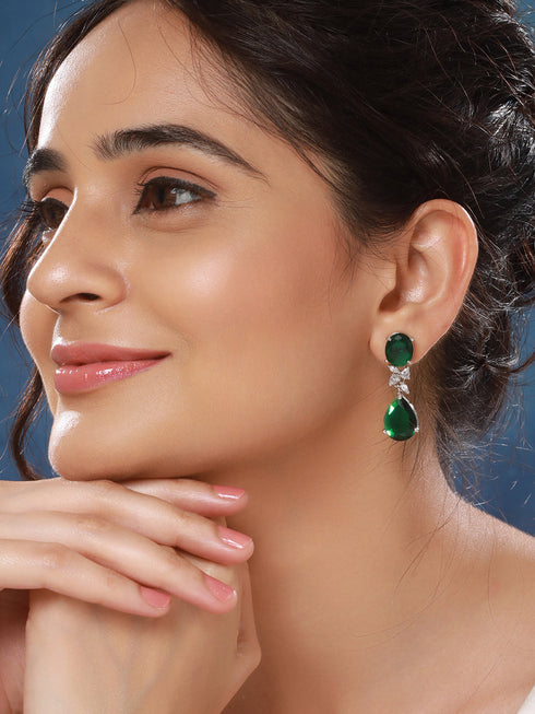 Silver Toned Emarald Green Studded Luxe Statement Drop Earrings