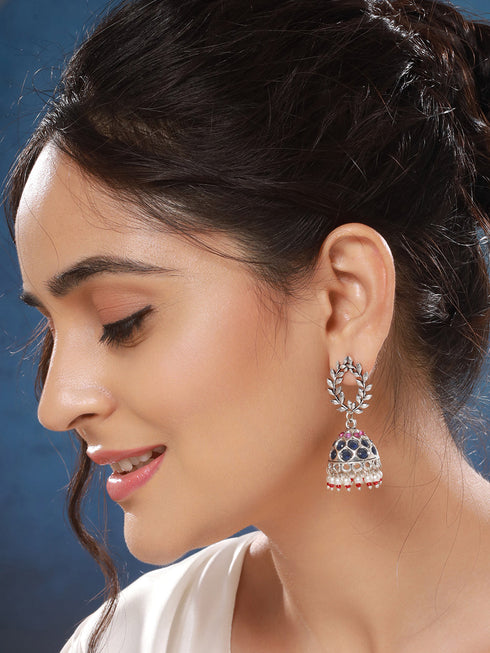 Oxidised Earrings with Red & Blue Stones and Pearl Beading