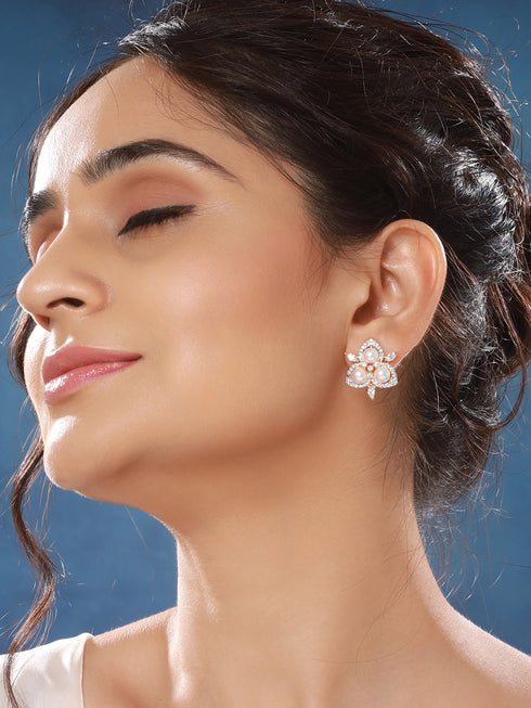 Dual Gold Toned AD & Pearl Studded Flower Delicate Studds Earrings