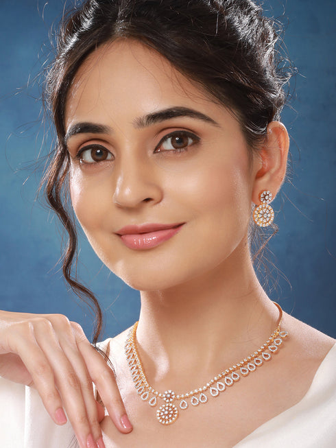 Gold Toned AD Studded Floral Drop Minimal Jewellery Set