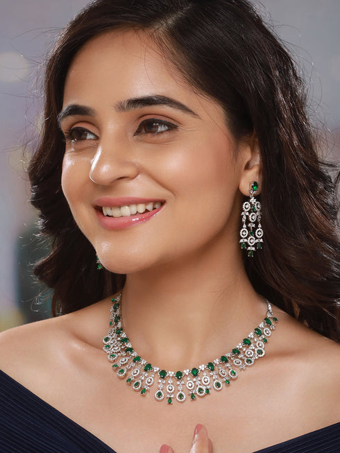 Silver Toned Emerald Green AD Studded Statement necklace Jewellery Set