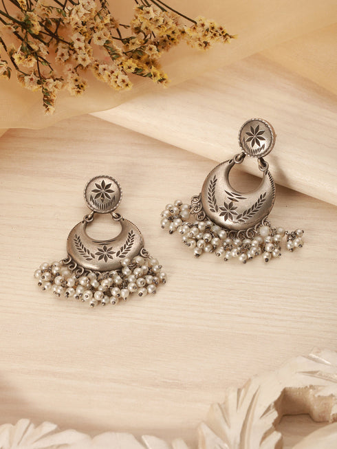 Oxidised Silver Lookalike Pearl Beaded Tribal Lightweight Chandbali Earrings