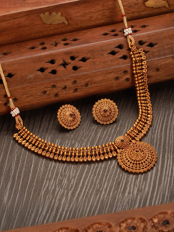 Antique Gold Plated Intricate Temple Floral Pendant Jewellery Set