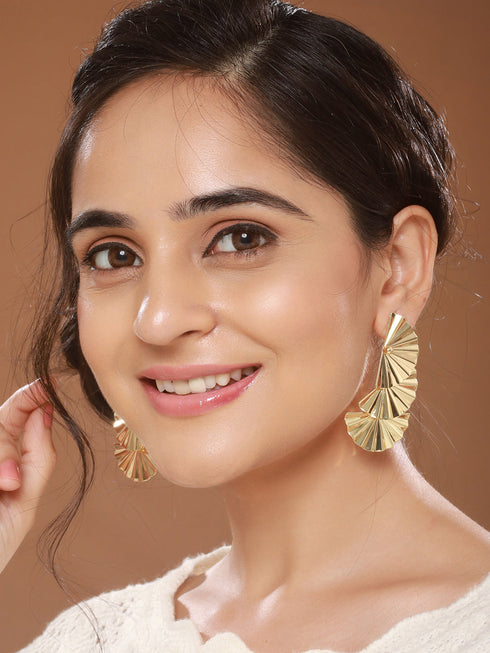 Anti-Tarnish Gold Plated Striped Three Layered Drop Earrings
