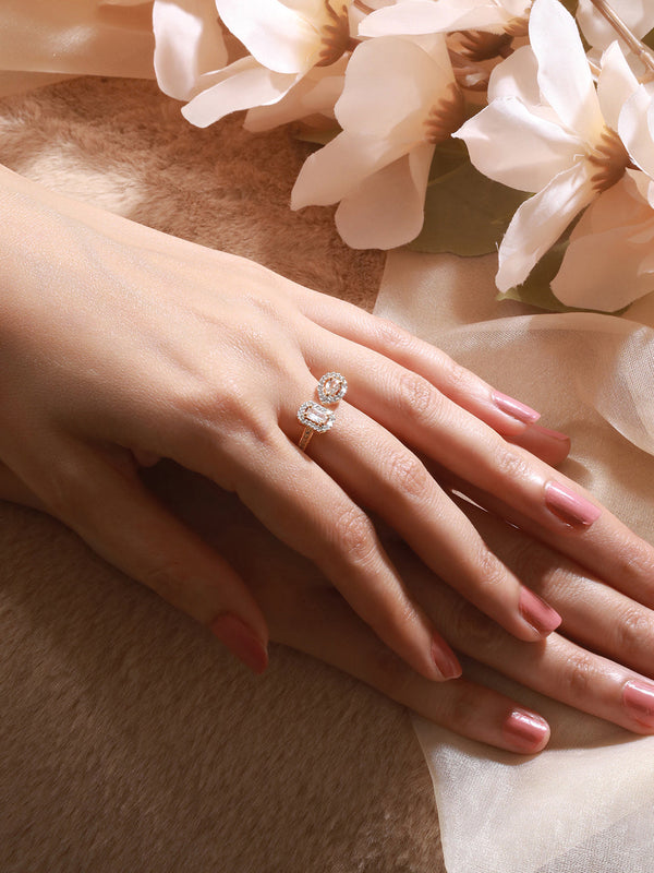 Gold Toned AD Studded Minimal Engagement Solitaire Finger Ring