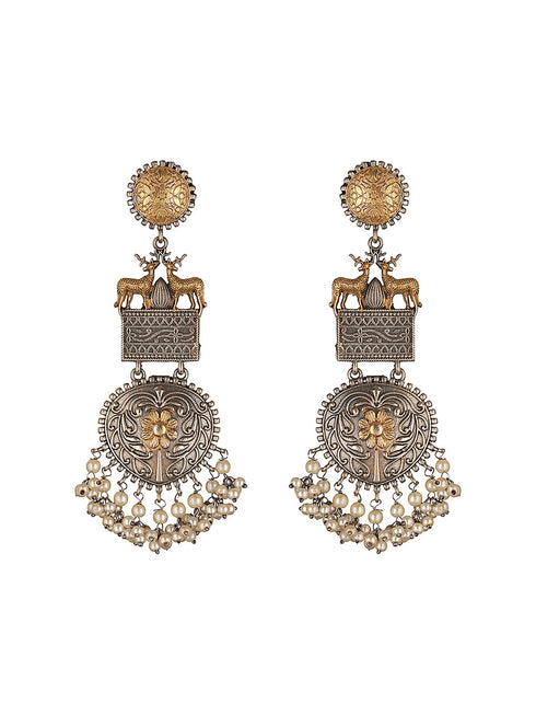 Silver Oxidised Dual Toned Deer Motif Tribal Dangler Chandbali Statement Earrings