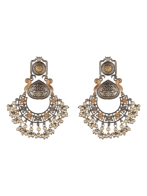 Silver Oxidised Dual Toned Pearl Beaded Floral Filigree Statement Chandbali Earrings