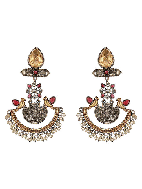 Silver Oxidised Dual Toned Bird Motif Tribal Boho Look Lightweight Chandbali Dangler Earrings