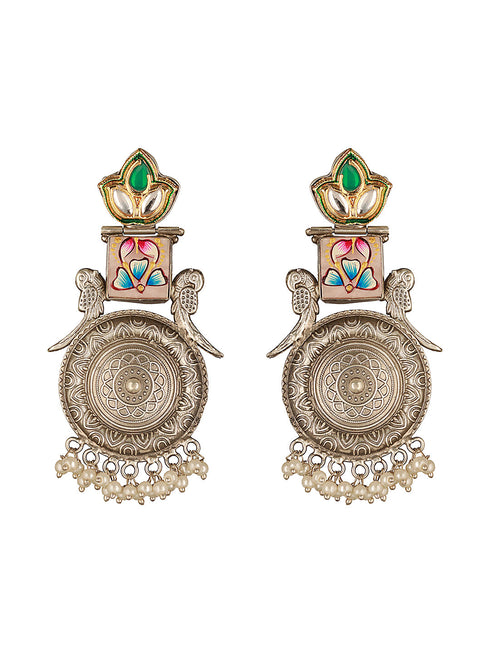 Silver Oxidised Kundan Studded & Enamelled Fusion Statement Long Earrings