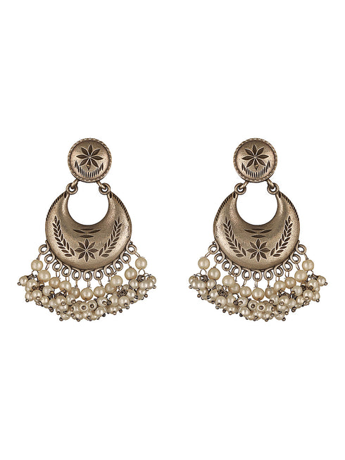 Oxidised Silver Lookalike Pearl Beaded Tribal Lightweight Chandbali Earrings