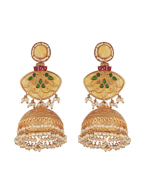 Gold Toned Pearl Beaded Fusion Statement Lightweight Designer Jhumka Earrings