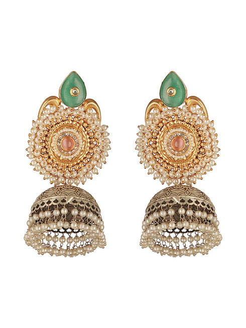 Dual Toned Gold & Oxidised Pearl Beaded Designer Lightweight Large Jhumka Earrings