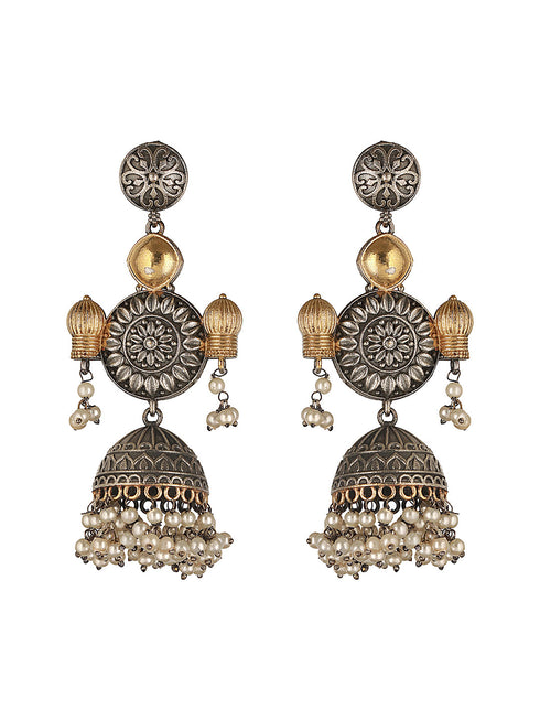 Silver Oxidised Dual Toned Dangler Fusion Lightweight Jhumka Earrings