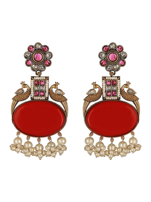 Silver Oxidised Dual Toned Red Stone & Pearl Beaded Peacocok Boho Statement Earrings