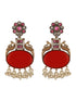 Silver Oxidised Dual Toned Red Stone & Pearl Beaded Peacocok Boho Statement Earrings