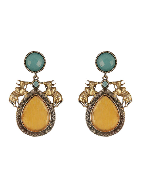 Silver Oxidised Yellow Stone Studded Bull Motif Statement Chandbali Earrings