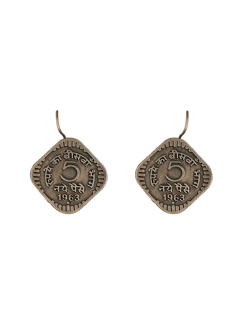 Oxidised Silver Lookalike 5 Paise Stamp Minimal Fishhook Earrings