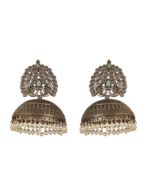 Silver Oxidised Pearl Beaded Filigree Tribal Large Jhumka Earrings