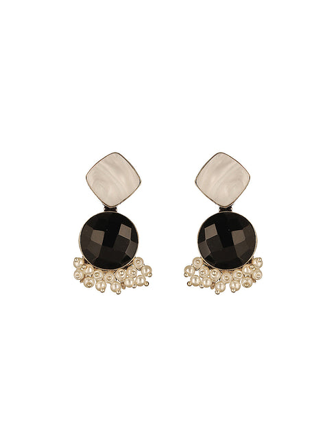 Silver Oxidised Black Stone Studded Pearl Beaded Minimal Drop earrings