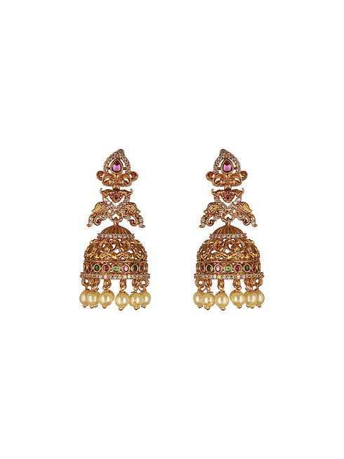 Gold Toned Red Kempo Studded Peacock Temple bridal Jhumka Earrings