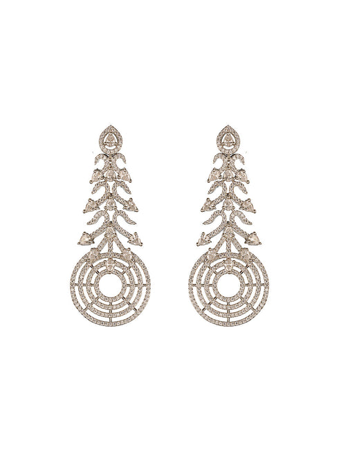 Silver Toned AD Zircon Studded Designer Spiral Long Earrings