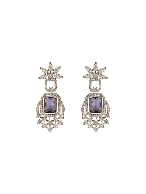 Silver Toned Purple Blue AD Zirconia Studded Floral Designer necklace Jewellery Set