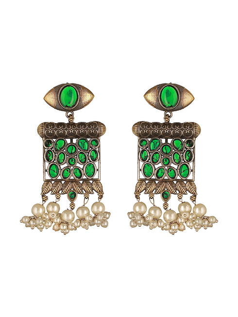 Silver Oxidised Dual Toned Green Stone & Pearl Beaded Designer Tribal Hasli Necklace Jewellery Set