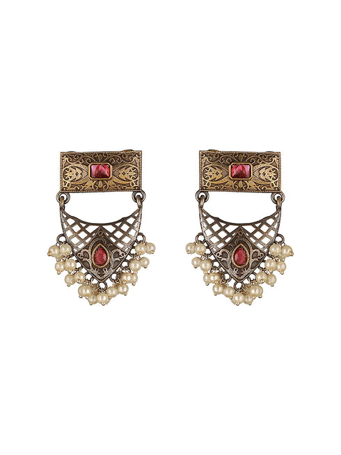 Silver Oxidised Dual Toned Red Stone & Pearl Beaded Filigree Designer Fusion Hasli Necklace Jewellery Set