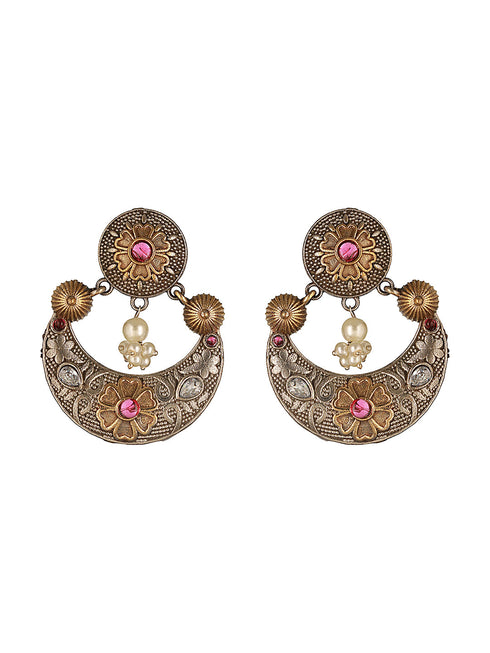Dual Toned Oxidised Silver Lookalike Floral Tribal Hasli With Chandbali Jewellery Set