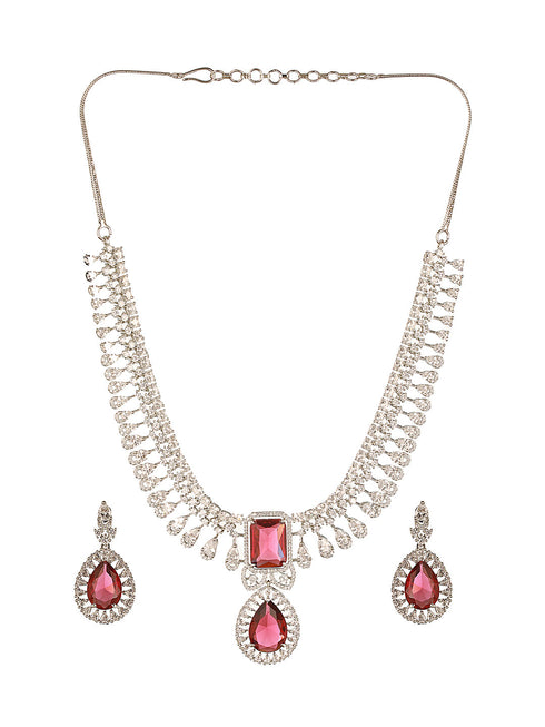 Silver Toned Rhodium Ruby Red AD Zircon Studded Designer Bridal Jewellery Set
