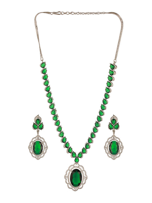 Silver Rhodium Plated Emerald Green Cubic Zirconia Designer Bridal Pendant Jewellery Set