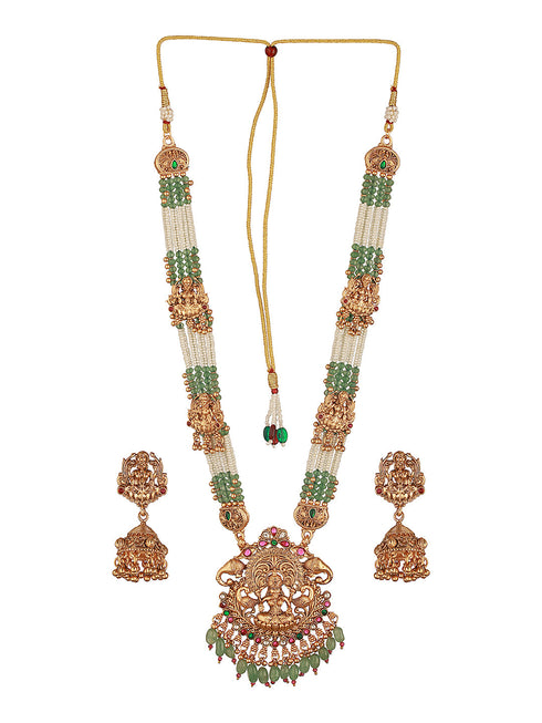Gold Plated Green Pearl Beaded Lakshmi Motif Long haram Temple Jeellery Set