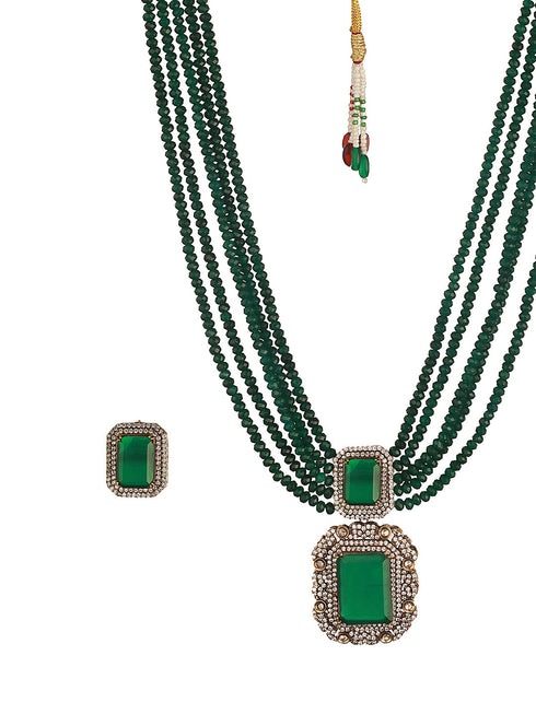 Silver Toned Kundan Studded Emerald Onyx Multilayered Designer Maala Pendant Jewellery Set