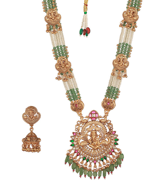 Gold Plated Green Pearl Beaded Ganesha Motif Long haram Temple Jeellery Set