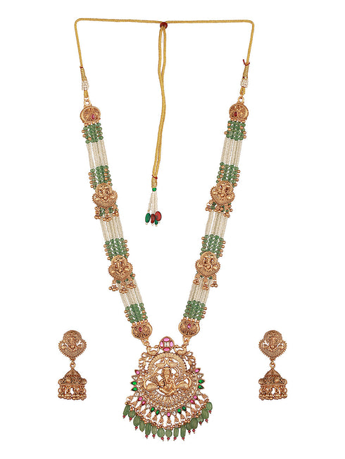 Gold Plated Green Pearl Beaded Ganesha Motif Long haram Temple Jeellery Set