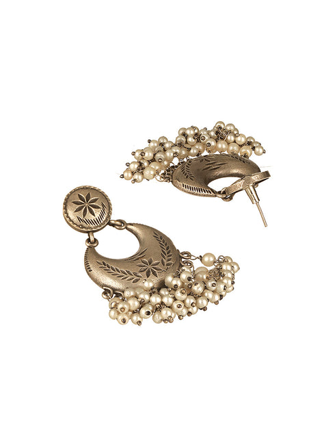 Oxidised Silver Lookalike Pearl Beaded Tribal Lightweight Chandbali Earrings