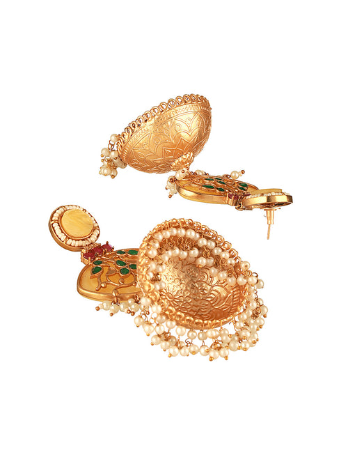 Gold Toned Pearl Beaded Fusion Statement Lightweight Designer Jhumka Earrings