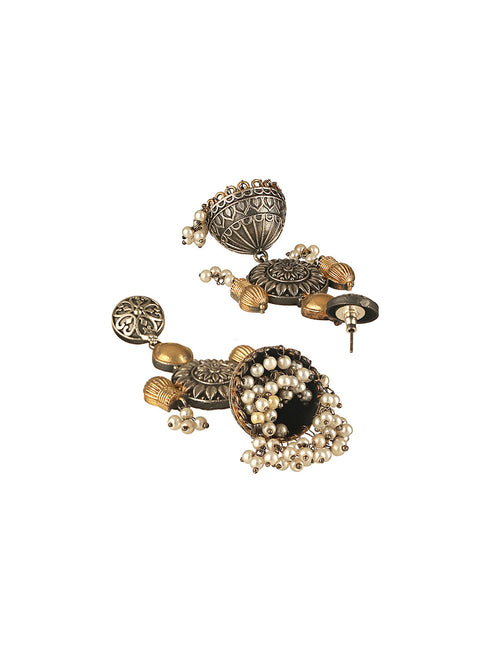 Silver Oxidised Dual Toned Dangler Fusion Lightweight Jhumka Earrings