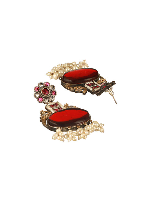 Silver Oxidised Dual Toned Red Stone & Pearl Beaded Peacocok Boho Statement Earrings