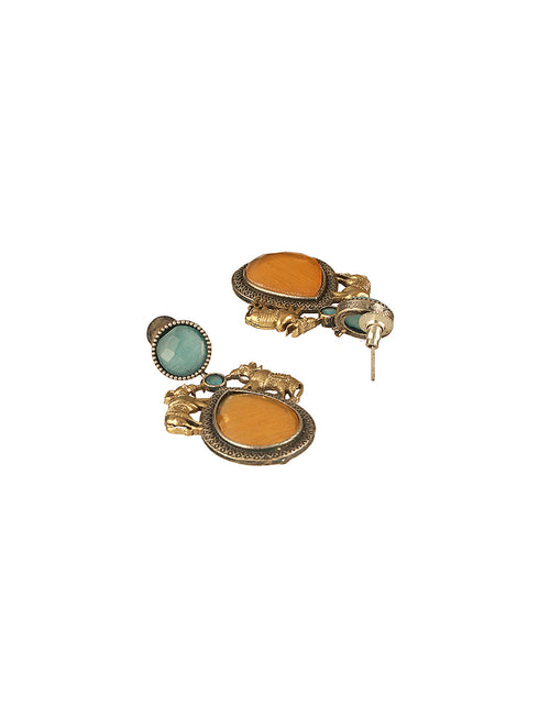 Silver Oxidised Yellow Stone Studded Bull Motif Statement Chandbali Earrings