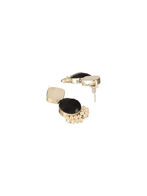 Silver Oxidised Black Stone Studded Pearl Beaded Minimal Drop earrings