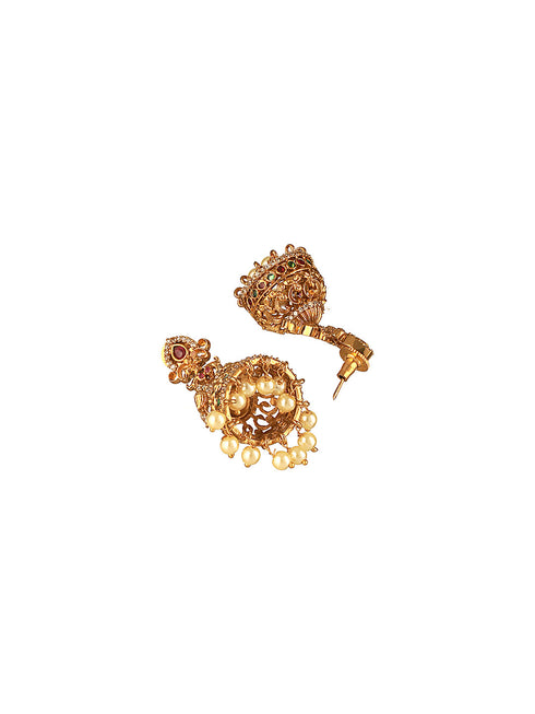 Gold Toned Red Kempo Studded Peacock Temple bridal Jhumka Earrings