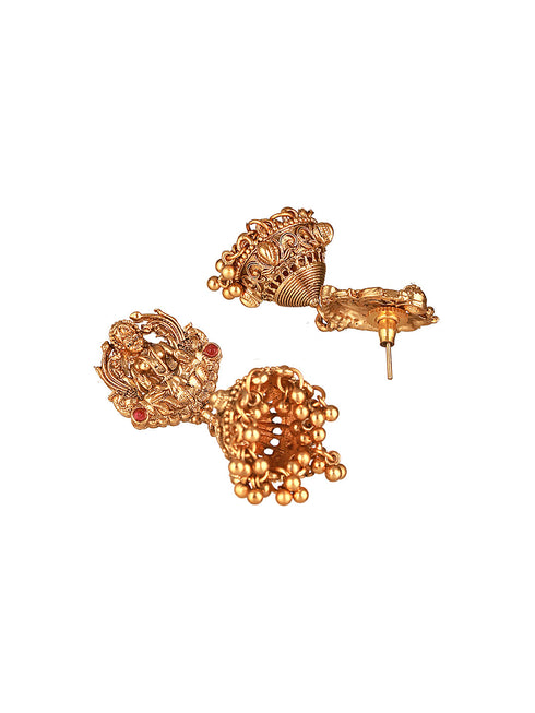 Gold Plated Green Pearl Beaded Lakshmi Motif Long haram Temple Jeellery Set