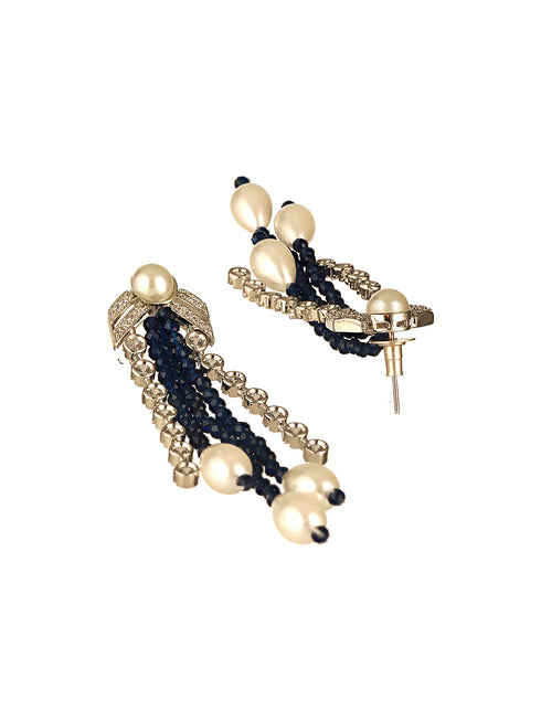 Silver Rhodium Plated Blue & White Pearls Multilayered Designer Maala Jewellery Set