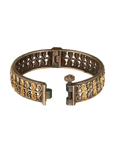 Silver Oxidised Dual Toned Filigree Openable Kada Bangle Bracelet