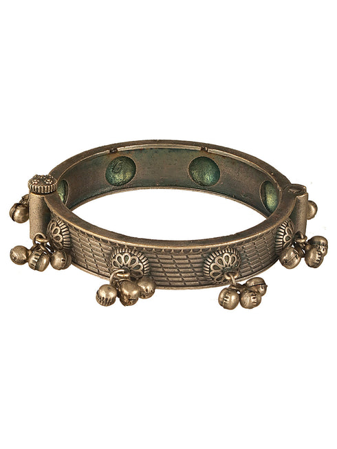 Silver Oxidised Tribal Boho Statement Ghungroo Kada Bangle Bracelet