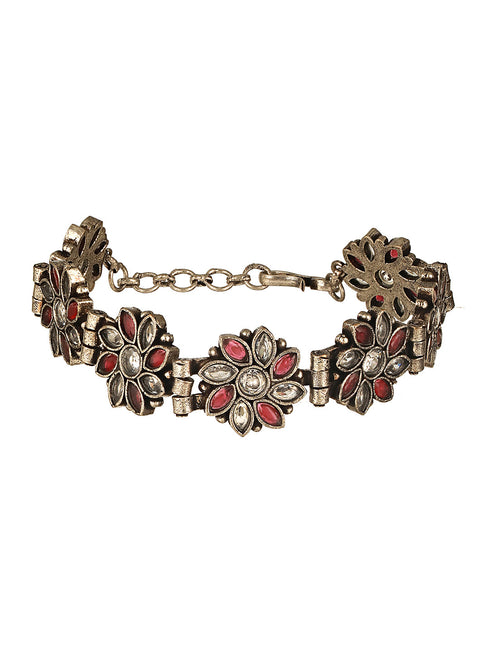 Silver Oxidised Toned Red Stone Studded Floral Tribal Minimal Adjustable Bracelet