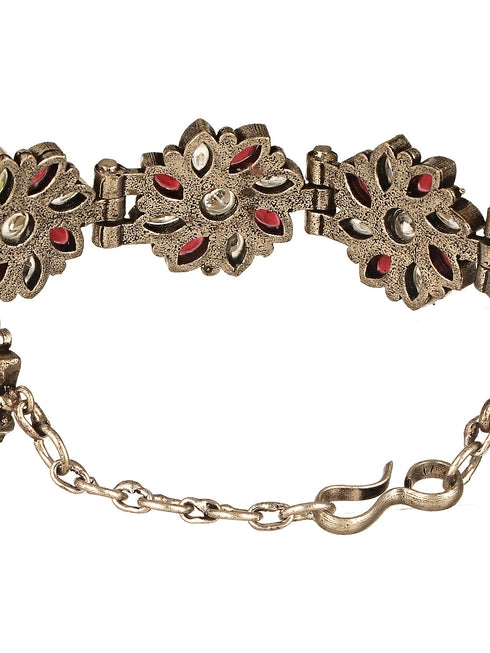 Silver Oxidised Toned Red Stone Studded Floral Tribal Minimal Adjustable Bracelet