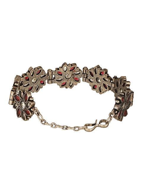 Silver Oxidised Toned Red Stone Studded Floral Tribal Minimal Adjustable Bracelet